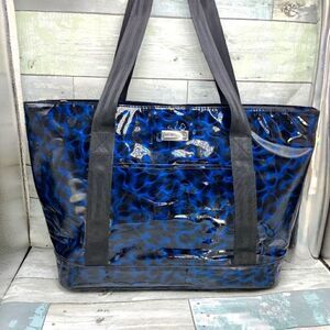 Ipowear large Tote Bag Iridescent Waves of Blue & Black Patent, Zip Top, Lined